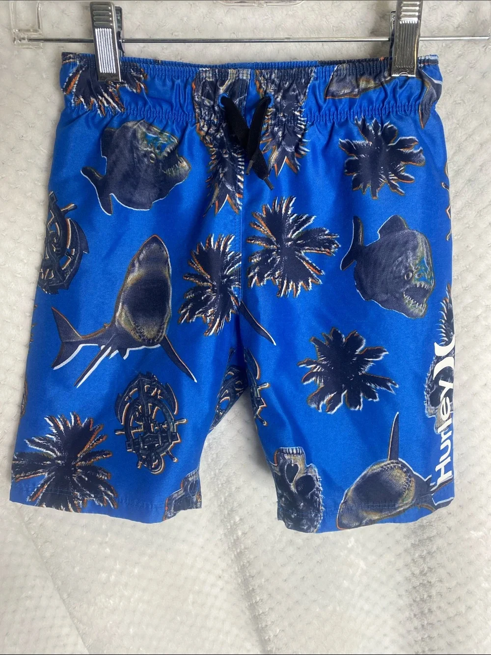 Hurley Blue Shark & Sea Creatures Swim Trunks Shorts with Drawstring